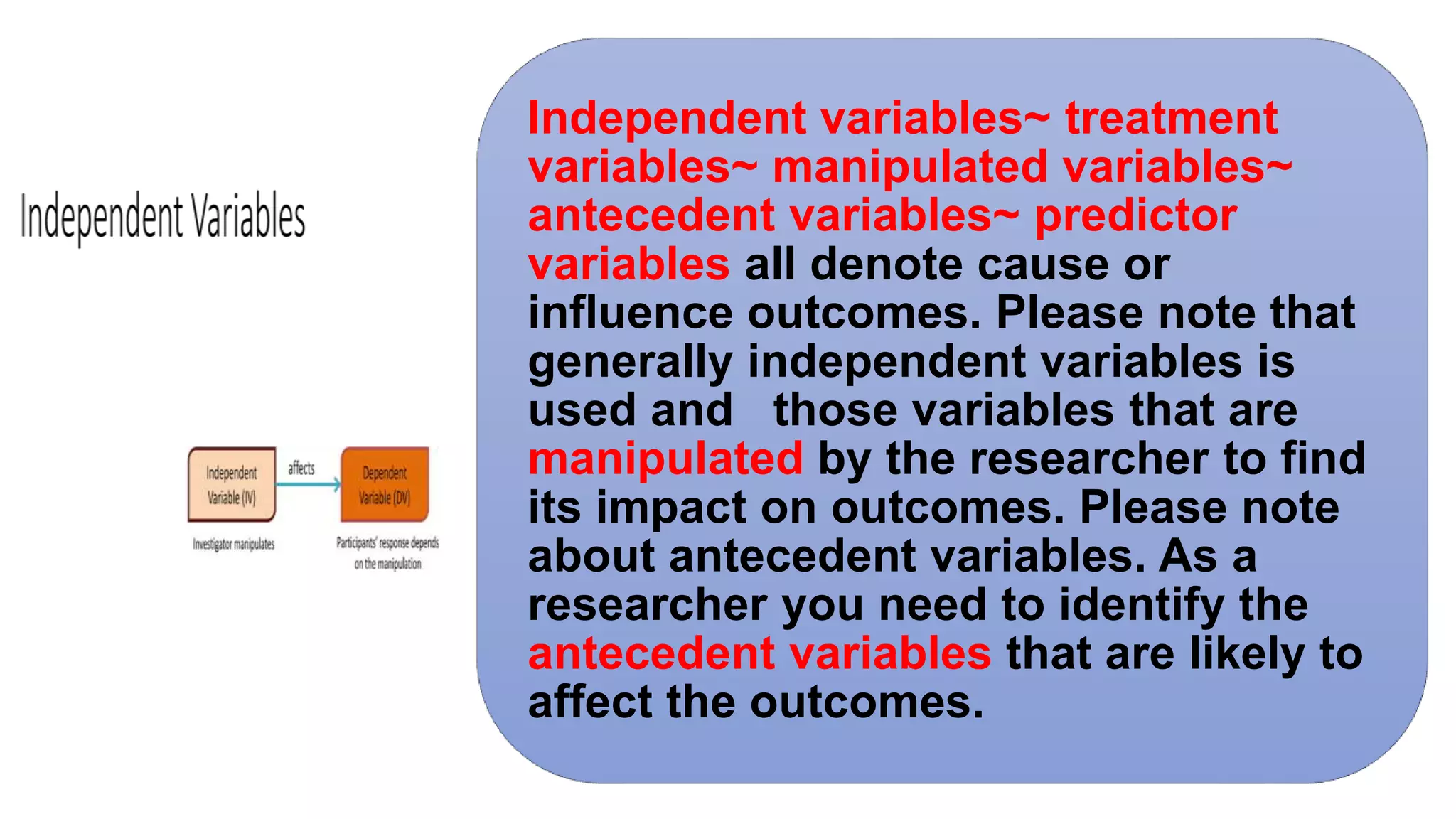 Independent variables~ treatment
variables~ manipulated variables~
antecedent variables~ predictor
variables all denote cause or
influence outcomes. Please note that
generally independent variables is
used and those variables that are
manipulated by the researcher to find
its impact on outcomes. Please note
about antecedent variables. As a
researcher you need to identify the
antecedent variables that are likely to
affect the outcomes.
 