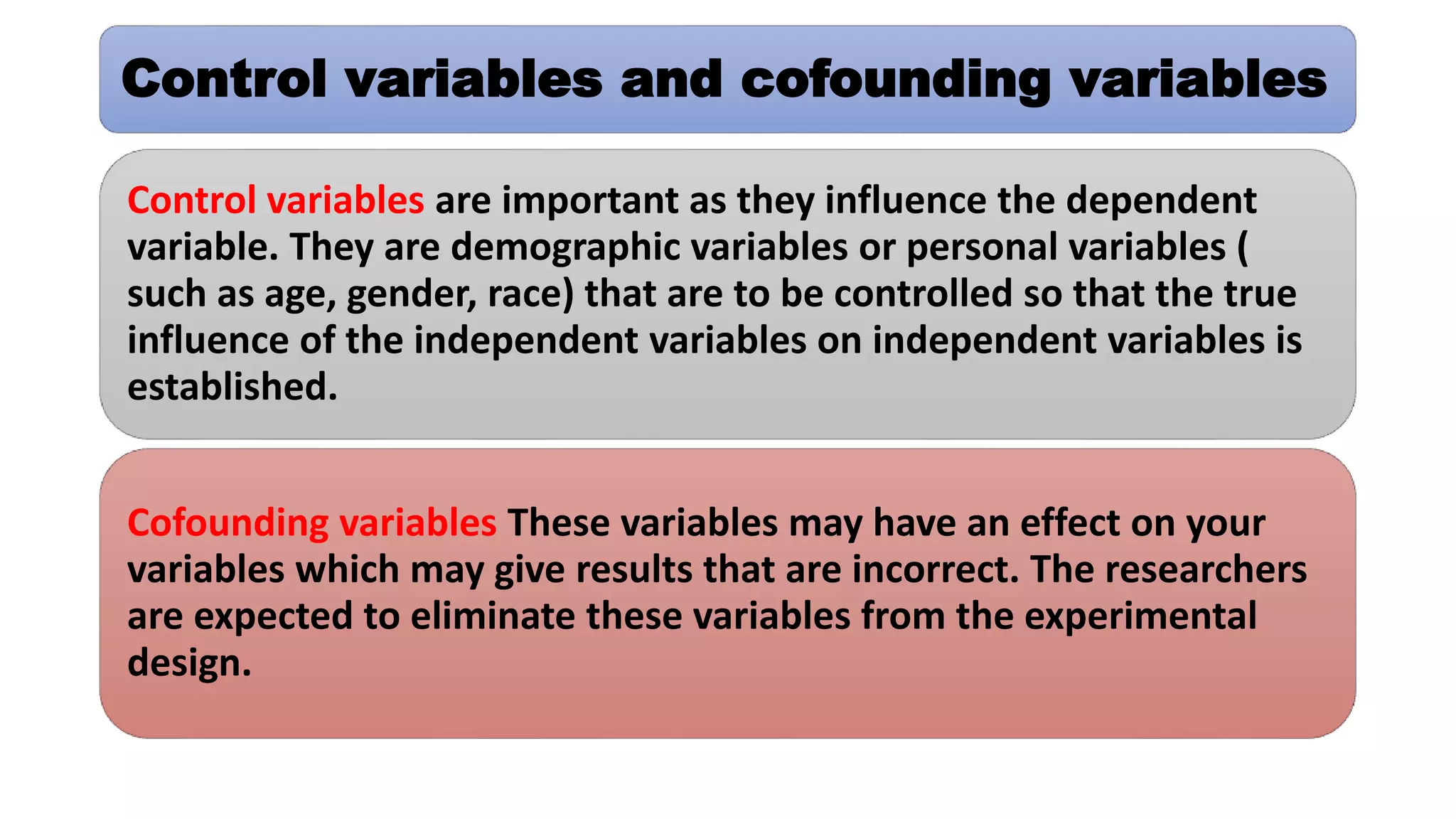Control variables and cofounding variables
Control variables are important as they influence the dependent
variable. They are demographic variables or personal variables (
such as age, gender, race) that are to be controlled so that the true
influence of the independent variables on independent variables is
established.
Cofounding variables These variables may have an effect on your
variables which may give results that are incorrect. The researchers
are expected to eliminate these variables from the experimental
design.
 