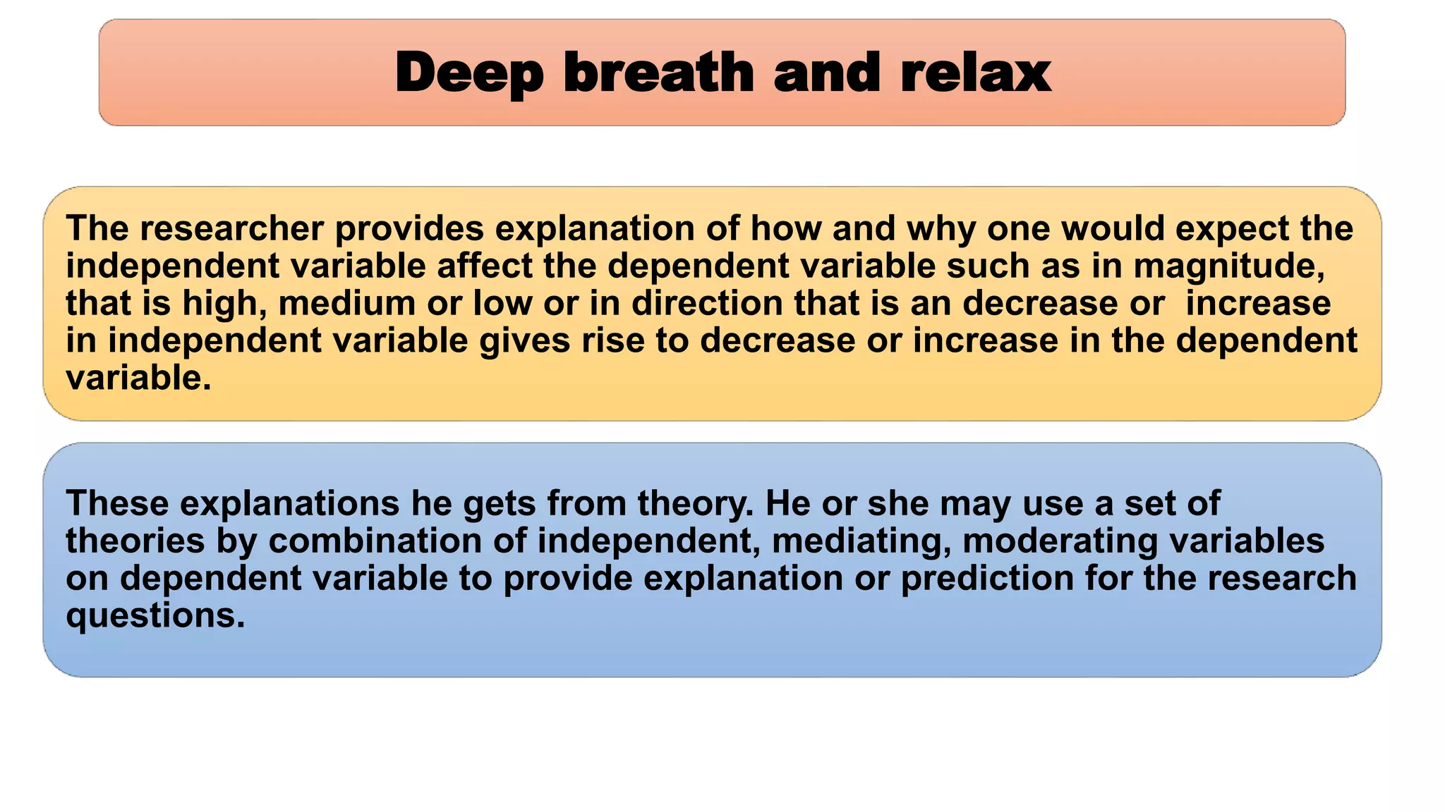 Deep breath and relax
The researcher provides explanation of how and why one would expect the
independent variable affect the dependent variable such as in magnitude,
that is high, medium or low or in direction that is an decrease or increase
in independent variable gives rise to decrease or increase in the dependent
variable.
These explanations he gets from theory. He or she may use a set of
theories by combination of independent, mediating, moderating variables
on dependent variable to provide explanation or prediction for the research
questions.
 