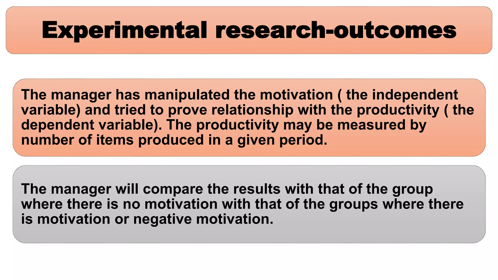 Experimental research-outcomes
The manager has manipulated the motivation ( the independent
variable) and tried to prove relationship with the productivity ( the
dependent variable). The productivity may be measured by
number of items produced in a given period.
The manager will compare the results with that of the group
where there is no motivation with that of the groups where there
is motivation or negative motivation.
 