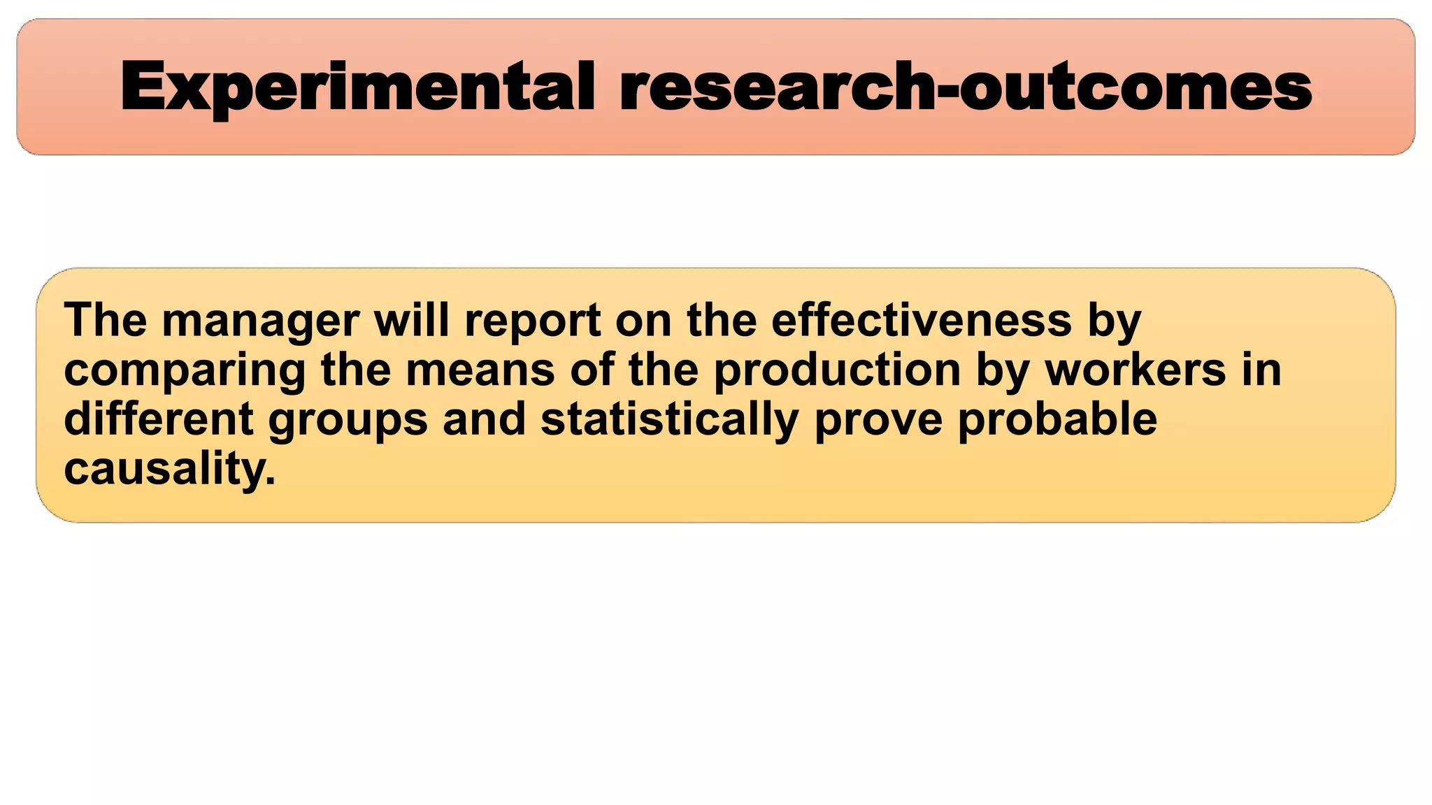 Experimental research-outcomes
The manager will report on the effectiveness by
comparing the means of the production by workers in
different groups and statistically prove probable
causality.
 
