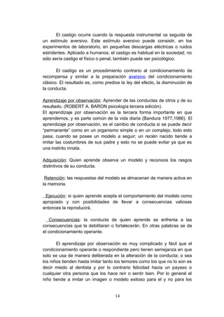 El castigo ocurre cuando la respuesta instrumental va seguida de
un estímulo aversivo. Este estímulo aversivo puede consistir, en los
experimentos de laboratorio, en pequeñas descargas eléctricas o ruidos
estridentes. Aplicado a humanos, el castigo es habitual en la sociedad; no
sólo sería castigo el físico o penal, también puede ser psicológico.

       El castigo es un procedimiento contrario al condicionamiento de
recompensa y similar a la preparación aversivo del condicionamiento
clásico. El resultado es, como predice la ley del efecto, la disminución de
la conducta.

Aprendizaje por observación: Aprender de las conductas de otros y de su
resultado. (ROBERT A. BARON psicología tercera edición).
El aprendizaje por observación es la tercera forma importante en que
aprendemos, y es parte común de la vida diaria (Bandura 1977,1986). El
aprendizaje por observación, es el cambio de conducta si se puede decir
“permanente” como en un organismo simple o en un complejo, todo esto
pasa, cuando se posee un modelo a seguir; un recién nacido tiende a
imitar las costumbres de sus padre y esto no se puede evitar ya que es
una instinto innata.

Adquisición: Quien aprende observa un modelo y reconoce los rasgos
distintivos de su conducta.

 Retención: las respuestas del modelo se almacenan de manera activa en
la memoria.

 Ejecución: si quien aprende acepta el comportamiento del modelo como
apropiado y con posibilidades de llevar a consecuencias valiosas
entonces la reproducirá.

    Consecuencias: la conducta de quien aprende se enfrenta a las
consecuencias que la debilitaran o fortalecerán. En otras palabras se da
el condicionamiento operante.

       El aprendizaje por observación es muy complicado y fácil que el
condicionamiento operante o respondiente pero tienen semejanza en que
solo se usa de manera deliberada en la alteración de la conducta; o sea
los niños tienden hasta imitar tanto los temores como los que no lo son es
decir miedo al dentista y por lo contrario felicidad hacia un payaso o
cualquier otra persona que los hace reír o sentir bien. Por lo general el
niño tiende a imitar un imagen o modelo exitoso para el y no para los


                                    14
 