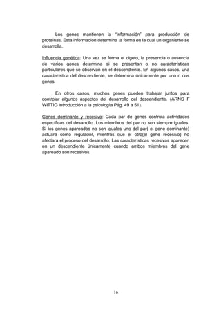 Los genes mantienen la “información” para producción de
proteínas. Esta información determina la forma en la cual un organismo se
desarrolla.

Influencia genética: Una vez se forma el cigoto, la presencia o ausencia
de varios genes determina si se presentan o no características
particulares que se observan en el descendiente. En algunos casos, una
característica del descendiente, se determina únicamente por uno o dos
genes.

       En otros casos, muchos genes pueden trabajar juntos para
controlar algunos aspectos del desarrollo del descendiente. (ARNO F
WITTIG introducción a la psicología Pág. 49 a 51).

Genes dominante y recesivo: Cada par de genes controla actividades
específicas del desarrollo. Los miembros del par no son siempre iguales.
Si los genes apareados no son iguales uno del par( el gene dominante)
actuara como regulador, mientras que el otro(el gene recesivo) no
afectara el proceso del desarrollo. Las características recesivas aparecen
en un descendiente únicamente cuando ambos miembros del gene
apareado son recesivos.




                                   16
 