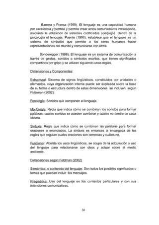 Barrera y Franca (1999). El lenguaje es una capacidad humana
por excelencia y permite y permite crear actos comunicativos intraespecie,
mediante la utilización de sistemas codificados complejos. Dentro de la
psicología el lenguaje, Puente (1998), establece que el lenguaje es un
sistema de símbolos que permite a los seres humanos hacer
representaciones del mundo y comunicarse con otros.

      Sonderegger (1998). El lenguaje es un sistema de comunicación a
través de gestos, sonidos o símbolos escritos, que tienen significados
compartidos por gripo y se utilizan siguiendo unas reglas.

Dimensiones y Componentes:

Estructural: Sistema de signos lingüísticos, constituidos por unidades o
elementos, cuya organización interna puede ser explicada sobre la base
de su forma o estructura dentro de estas dimensiones se incluyen, según
Fidelman (2002):

Fonología: Sonidos que componen el lenguaje.

Morfología: Regla que indica cómo se combinan los sonidos para formar
palabras, cuales sonidos se pueden combinar y cuáles no dentro de cada
idioma.

Sintaxis: Regla que indica cómo se combinan las palabras para formar
oraciones o enunciados. La sintaxis es entonces la encargada de las
reglas que regulan cuales oraciones son correctas y cuáles no.

Funcional: Aborda los usos lingüísticos, se ocupa de la adquisición y uso
del lenguaje para relacionarse con otros y actuar sobre el medio
ambiente.

Dimensiones según Feldman (2002)

Semántica: o contenido del lenguaje: Son todos los posibles significados o
temas que puedan incluir los mensajes.

Pragmática: Uso del lenguaje en los contextos particulares y con sus
intenciones comunicativas.




                                   30
 