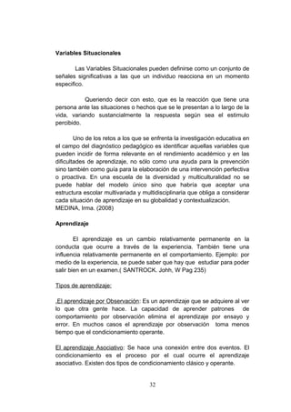 Variables Situacionales

        Las Variables Situacionales pueden definirse como un conjunto de
señales significativas a las que un individuo reacciona en un momento
especifico.

           Queriendo decir con esto, que es la reacción que tiene una
persona ante las situaciones o hechos que se le presentan a lo largo de la
vida, variando sustancialmente la respuesta según sea el estimulo
percibido.

        Uno de los retos a los que se enfrenta la investigación educativa en
el campo del diagnóstico pedagógico es identificar aquellas variables que
pueden incidir de forma relevante en el rendimiento académico y en las
dificultades de aprendizaje, no sólo como una ayuda para la prevención
sino también como guía para la elaboración de una intervención perfectiva
o proactiva. En una escuela de la diversidad y multiculturalidad no se
puede hablar del modelo único sino que habría que aceptar una
estructura escolar multivariada y multidisciplinaria que obliga a considerar
cada situación de aprendizaje en su globalidad y contextualización.
MEDINA, Irma. (2008)

Aprendizaje

        El aprendizaje es un cambio relativamente permanente en la
conducta que ocurre a través de la experiencia. También tiene una
influencia relativamente permanente en el comportamiento. Ejemplo: por
medio de la experiencia, se puede saber que hay que estudiar para poder
salir bien en un examen.( SANTROCK. Johh, W Pag 235)

Tipos de aprendizaje:

.El aprendizaje por Observación: Es un aprendizaje que se adquiere al ver
lo que otra gente hace. La capacidad de aprender patrones de
comportamiento por observación elimina el aprendizaje por ensayo y
error. En muchos casos el aprendizaje por observación toma menos
tiempo que el condicionamiento operante.

El aprendizaje Asociativo: Se hace una conexión entre dos eventos. El
condicionamiento es el proceso por el cual ocurre el aprendizaje
asociativo. Existen dos tipos de condicionamiento clásico y operante.


                                    32
 