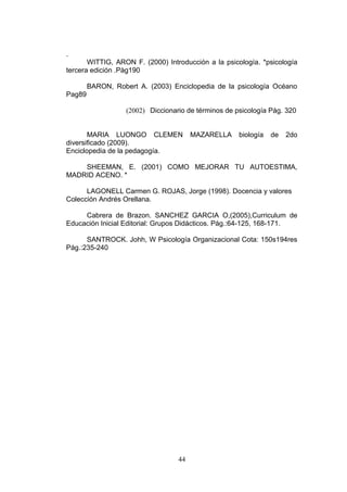 .
       WITTIG, ARON F. (2000) Introducción a la psicología. *psicología
tercera edición .Pàg190

        BARON, Robert A. (2003) Enciclopedia de la psicología Océano
Pag89

                   (2002) Diccionario de términos de psicología Pág. 320


       MARIA LUONGO CLEMEN              MAZARELLA     biología   de   2do
diversificado (2009).
Enciclopedia de la pedagogía.

    SHEEMAN, E. (2001) COMO MEJORAR TU AUTOESTIMA,
MADRID ACENO. *

      LAGONELL Carmen G. ROJAS, Jorge (1998). Docencia y valores
Colección Andrés Orellana.

     Cabrera de Brazon. SANCHEZ GARCIA O,(2005),Curriculum de
Educación Inicial Editorial: Grupos Didácticos. Pág.:64-125, 168-171.

      SANTROCK. Johh, W Psicología Organizacional Cota: 150s194res
Pág.:235-240




                                   44
 