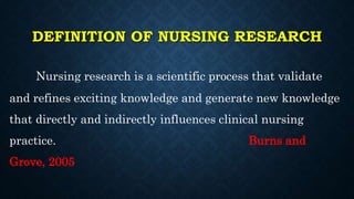 DEFINITION OF NURSING RESEARCH
Nursing research is a scientific process that validate
and refines exciting knowledge and generate new knowledge
that directly and indirectly influences clinical nursing
practice. Burns and
Grove, 2005
 