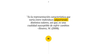 “
2
´´Es la representación característica que
varía entre individuos adquiriendo
distintos valores, así que, es una
cualidad susceptible de sufrir cambios
-Álvarez, W. (2008).
 