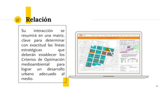 Su interacción se
resumirá en una matriz,
clave para determinar
con exactitud las líneas
estratégicas que
deberán establecer los
Criterios de Optimación
medioambiental para
lograr un desarrollo
urbano adecuado al
medio.
8
Relación
 