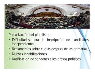 Precarización del pluralismo
• Dificultades para la inscripción de candidatos
independientes
• Reglamentos sobre cuotas después de las primarias
• Nuevas inhabilitaciones
• Ratificación de condenas a los presos políticos
 
