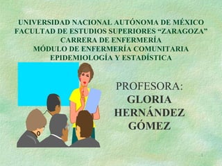 1
UNIVERSIDAD NACIONAL AUTÓNOMA DE MÉXICO
FACULTAD DE ESTUDIOS SUPERIORES “ZARAGOZA”
CARRERA DE ENFERMERÍA
MÓDULO DE ENFERMERÍA COMUNITARIA
EPIDEMIOLOGÍA Y ESTADÍSTICA
PROFESORA:
GLORIA
HERNÁNDEZ
GÓMEZ
 