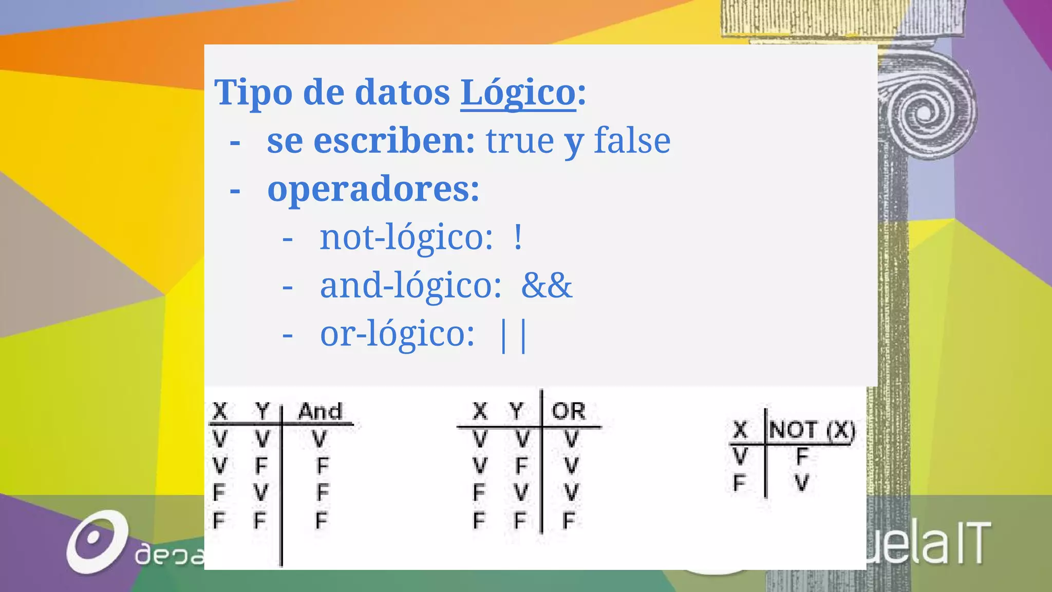 Tipo de datos Lógico:
- se escriben: true y false
- operadores:
- not-lógico: !
- and-lógico: &&
- or-lógico: ||
 