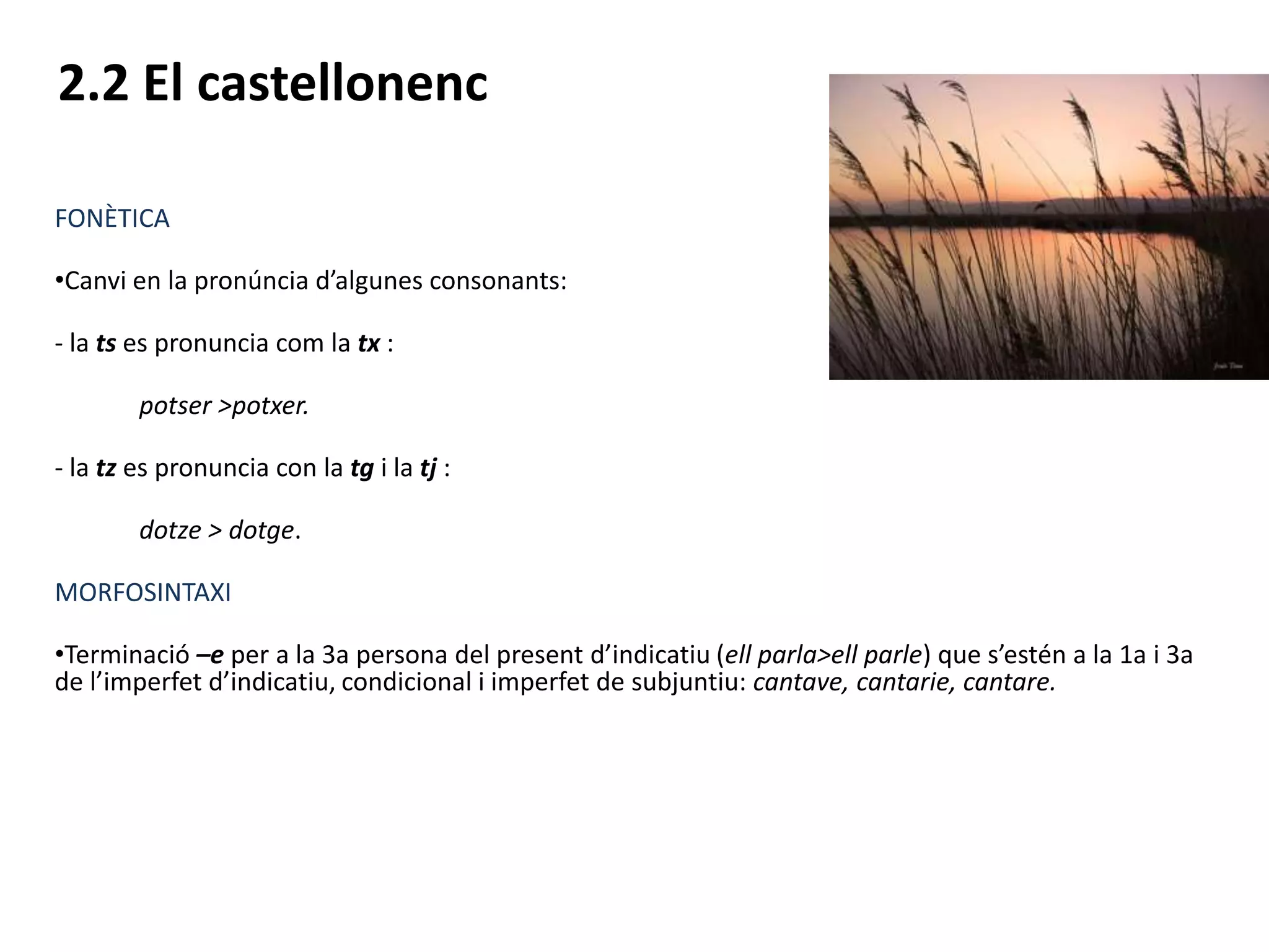 2.2 El castellonenc
FONÈTICA
•Canvi en la pronúncia d’algunes consonants:
- la ts es pronuncia com la tx :
potser >potxer.
- la tz es pronuncia con la tg i la tj :
dotze > dotge.
MORFOSINTAXI
•Terminació –e per a la 3a persona del present d’indicatiu (ell parla>ell parle) que s’estén a la 1a i 3a
de l’imperfet d’indicatiu, condicional i imperfet de subjuntiu: cantave, cantarie, cantare.
 