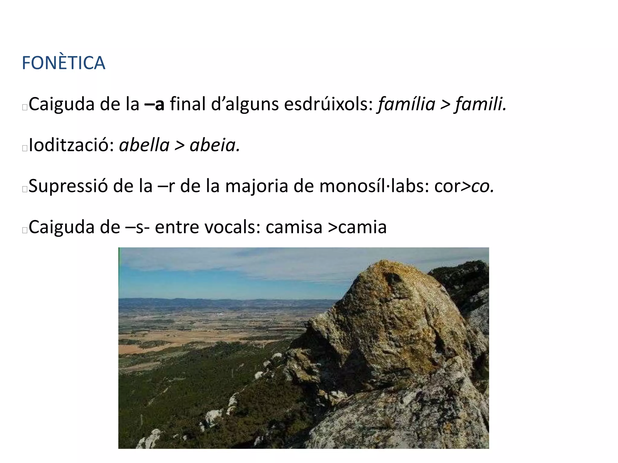 FONÈTICA
Caiguda de la –a final d’alguns esdrúixols: família > famili.
Iodització: abella > abeia.
Supressió de la –r de la majoria de monosíl·labs: cor>co.
Caiguda de –s- entre vocals: camisa >camia
 
