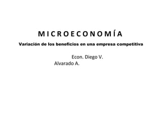MICROECONOMÍA
Variación de los beneficios en una empresa competitiva


                      Econ. Diego V.
               Alvarado A.




                                                         1
 