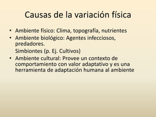 Causas de la variación física
• Ambiente físico: Clima, topografía, nutrientes
• Ambiente biológico: Agentes infecciosos,
predadores.
Simbiontes (p. Ej. Cultivos)
• Ambiente cultural: Provee un contexto de
comportamiento con valor adaptativo y es una
herramienta de adaptación humana al ambiente
 