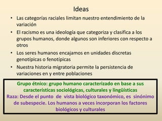 Ideas
• Las categorías raciales limitan nuestro entendimiento de la
variación
• El racismo es una ideología que categoriza y clasifica a los
grupos humanos, donde algunos son inferiores con respecto a
otros
• Los seres humanos encajamos en unidades discretas
genotípicas o fenotípicas
• Nuestra historia migratoria permite la persistencia de
variaciones en y entre poblaciones
Grupo étnico: grupo humano caracterizado en base a sus
características sociológicas, culturales y lingüísticas
Raza: Desde el punto de vista biológico taxonómico, es sinónimo
de subespecie. Los humanos a veces incorporan los factores
biológicos y culturales
 