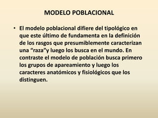 MODELO POBLACIONAL
• El modelo poblacional difiere del tipológico en
que este último de fundamenta en la definición
de los rasgos que presumiblemente caracterizan
una “raza”y luego los busca en el mundo. En
contraste el modelo de población busca primero
los grupos de apareamiento y luego los
caracteres anatómicos y fisiológicos que los
distinguen.
 