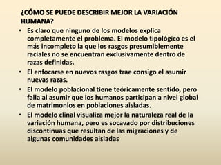 ¿CÓMO SE PUEDE DESCRIBIR MEJOR LA VARIACIÓN
HUMANA?
• Es claro que ninguno de los modelos explica
completamente el problema. El modelo tipológico es el
más incompleto la que los rasgos presumiblemente
raciales no se encuentran exclusivamente dentro de
razas definidas.
• El enfocarse en nuevos rasgos trae consigo el asumir
nuevas razas.
• El modelo poblacional tiene teóricamente sentido, pero
falla al asumir que los humanos participan a nivel global
de matrimonios en poblaciones aisladas.
• El modelo clinal visualiza mejor la naturaleza real de la
variación humana, pero es socavado por distribuciones
discontinuas que resultan de las migraciones y de
algunas comunidades aisladas
 