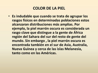 COLOR DE LA PIEL
• Es indudable que cuando se trata de agrupar los
rasgos físicos en determinadas poblaciones estos
alcanzaran distribuciones más amplias. Por
ejemplo, la piel marrón oscura es considerada un
rasgo clave que distingue a la gente de África
región del Sahara del sur del resto de gente del
mundo. Sin embargo , la piel marrón oscura es
encontrada también en el sur de Asia, Australia,
Nueva Guinea y cerca de las islas Melanesia,
tanto como en las Américas.
 