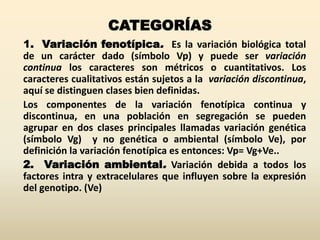 CATEGORÍAS
1. Variación fenotípica. Es la variación biológica total
de un carácter dado (símbolo Vp) y puede ser variación
continua los caracteres son métricos o cuantitativos. Los
caracteres cualitativos están sujetos a la variación discontinua,
aquí se distinguen clases bien definidas.
Los componentes de la variación fenotípica continua y
discontinua, en una población en segregación se pueden
agrupar en dos clases principales llamadas variación genética
(símbolo Vg) y no genética o ambiental (símbolo Ve), por
definición la variación fenotípica es entonces: Vp= Vg+Ve..
2. Variación ambiental. Variación debida a todos los
factores intra y extracelulares que influyen sobre la expresión
del genotipo. (Ve)
 