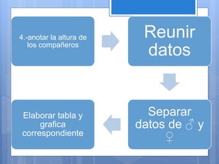 4.-anotar la altura de
los compañeros
Reunir
datos
Separar
datos de ♂ y
♀
Elaborar tabla y
grafica
correspondiente
 