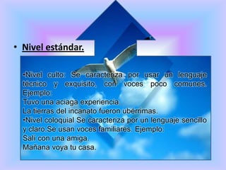 Sino palabra en el tiempo (A . Machado)Nivel estándar.Nivel culto: Se caracteriza por usar un lenguaje técnico y exquisito, con voces poco comunes. Ejemplo:Tuvo una aciaga experiencia.La tierras del incanato fueron ubérrimas.Nivel coloquial Se caracteriza por un lenguaje sencillo y claro.Se usan voces familiares. Ejemplo:Salí con una amiga.Mañana voya tu casa.