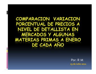 COMPARACION VARIACION
PORCENTUAL DE PRECIOS A
 NIVEL DE DETALLISTA EN
  MERCADOS Y ALGUNAS
MATERIAS PRIMAS A ENERO
      DE CADA AÑO


                   Por: R .M.
                   23 de Julio 2011
 