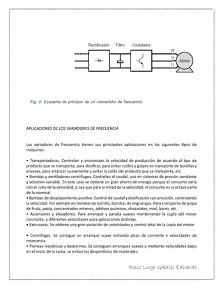 Ruiz Lugo Gabriel Eduardo 
APLICACIONES DE LOS VARIADORES DE FRECUENCIA 
Los variadores de frecuencia tienen sus principales aplicaciones en los siguientes tipos de máquinas: 
• Transportadoras. Controlan y sincronizan la velocidad de producción de acuerdo al tipo de producto que se transporta, para dosificar, para evitar ruidos y golpes en transporte de botellas y envases, para arrancar suavemente y evitar la caída del producto que se transporta, etc. 
• Bombas y ventiladores centrífugos. Controlan el caudal, uso en sistemas de presión constante y volumen variable. En este caso se obtiene un gran ahorro de energía porque el consumo varía con el cubo de la velocidad, o sea que para la mitad de la velocidad, el consumo es la octava parte de la nominal. 
• Bombas de desplazamiento positivo. Control de caudal y dosificación con precisión, controlando la velocidad. Por ejemplo en bombas de tornillo, bombas de engranajes. Para transporte de pulpa de fruta, pasta, concentrados mineros, aditivos químicos, chocolates, miel, barro, etc. 
• Ascensores y elevadores. Para arranque y parada suaves manteniendo la cupla del motor constante, y diferentes velocidades para aplicaciones distintas. 
• Extrusoras. Se obtiene una gran variación de velocidades y control total de la cupla del motor. 
• Centrífugas. Se consigue un arranque suave evitando picos de corriente y velocidades de resonancia. 
• Prensas mecánicas y balancines. Se consiguen arranques suaves y mediante velocidades bajas en el inicio de la tarea, se evitan los desperdicios de materiales.  