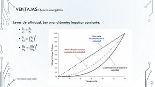 VENTAJAS: Ahorro energético.
Leyes de afinidad. Ley uno: diámetro impulsor constante.
• 𝑄1
𝑄2
=
𝑁1
𝑁2
• 𝑃1
𝑃2
=
𝑁1
𝑁2
2
• 𝑾 𝟏
𝑾 𝟐
=
𝑵 𝟏
𝑵 𝟐
𝟑
FRANCISCO LUQUE LUQUE 17
FRANCISCO LUQUE LUQUE
 