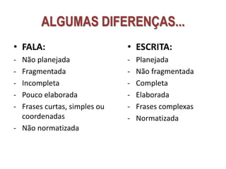 ALGUMAS DIFERENÇAS...
• FALA:
- Não planejada
- Fragmentada
- Incompleta
- Pouco elaborada
- Frases curtas, simples ou
coordenadas
- Não normatizada
• ESCRITA:
- Planejada
- Não fragmentada
- Completa
- Elaborada
- Frases complexas
- Normatizada
 