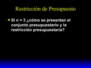 Restricción de Presupuesto Si n = 3 ¿cómo se presentan el conjunto presupuestario y la restricción presupuestaria? 