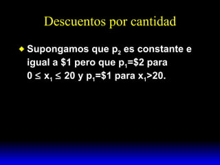 Descuentos por cantidad Supongamos que p 2  es constante e igual a $1 pero que p 1 =$2 para  0    x 1     20 y p 1 =$1 para x 1 >20. 
