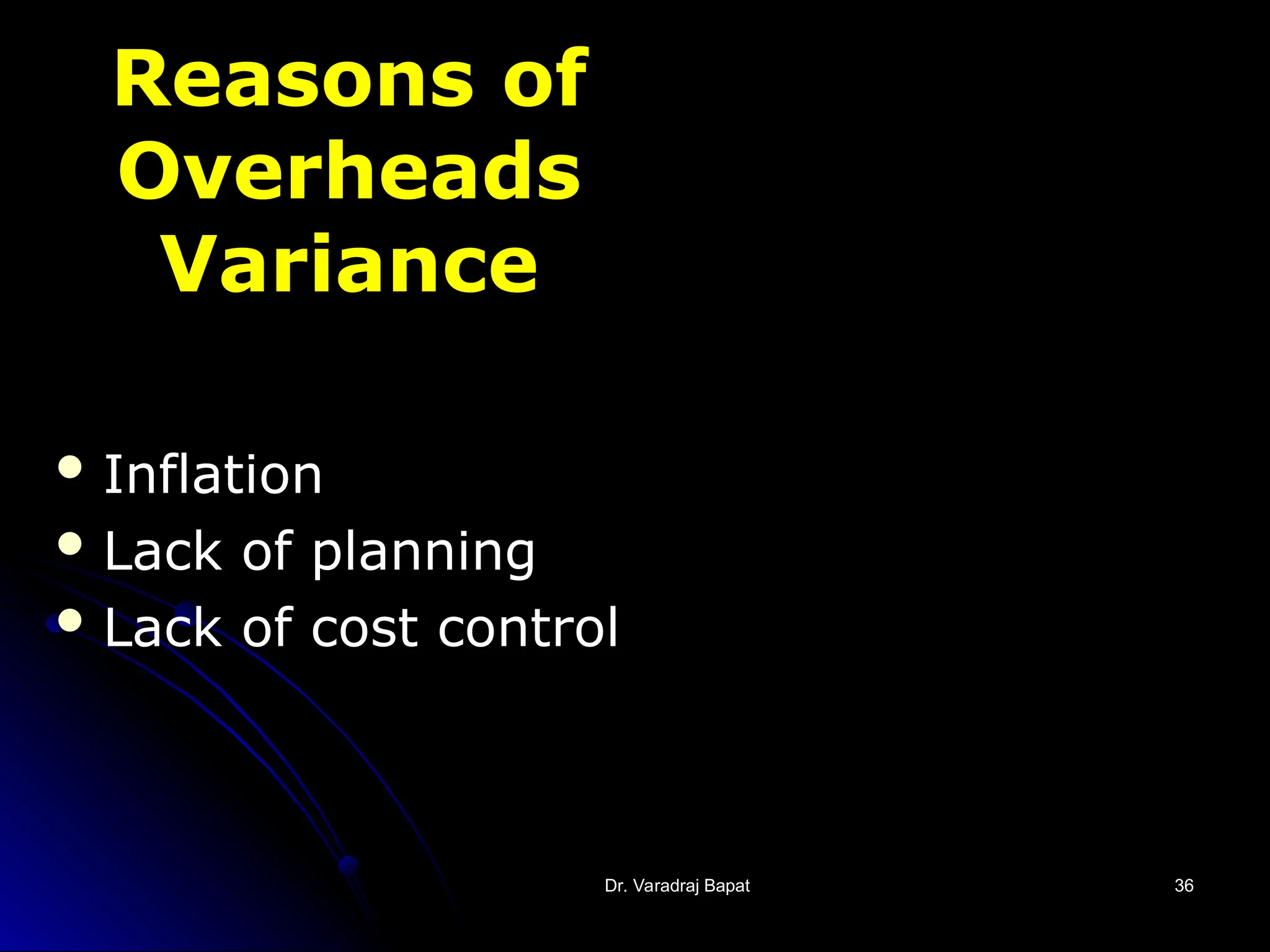 Dr. Varadraj Bapat
Dr. Varadraj Bapat 36
36
Reasons of
Overheads
Variance
 Inflation
 Lack of planning
 Lack of cost control
 