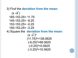3) Find the deviation from the mean:
(x -x̅ )
165-153.25= 11.75
145-153.25= -8.25
153-153.25= -0.25
150-153.25= -3.25
4) Square the deviation from the mean:
(x -x̅ )²
(11.75)²=138.0625
(-8.25)²=68.0625
(-0.25)²=0.0625
(-3.25)²=10.5625
 