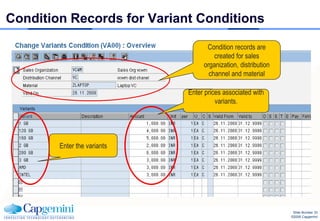 Condition Records for Variant Conditions

                                   Condition records are
                                      created for sales
                                  organization, distribution
                                    channel and material

                             Enter prices associated with
                                       variants.




        Enter the variants




                                                                Slide Number 33
                                                               ©2008 Capgemini
 