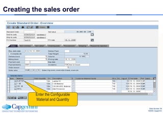 Creating the sales order




          Enter the Configurable
          Material and Quantity
                                    Slide Number 38
                                   ©2008 Capgemini
 