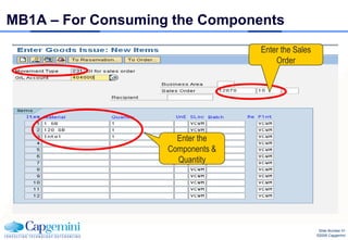 MB1A – For Consuming the Components
                                   Enter the Sales
                                       Order




                      Enter the
                    Components &
                      Quantity




                                                      Slide Number 41
                                                     ©2008 Capgemini
 