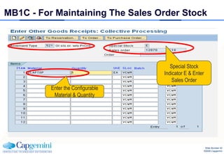 MB1C - For Maintaining The Sales Order Stock




                                      Special Stock
                                   Indicator E & Enter
                                       Sales Order
          Enter the Configurable
           Material & Quantity




                                                      Slide Number 42
                                                     ©2008 Capgemini
 