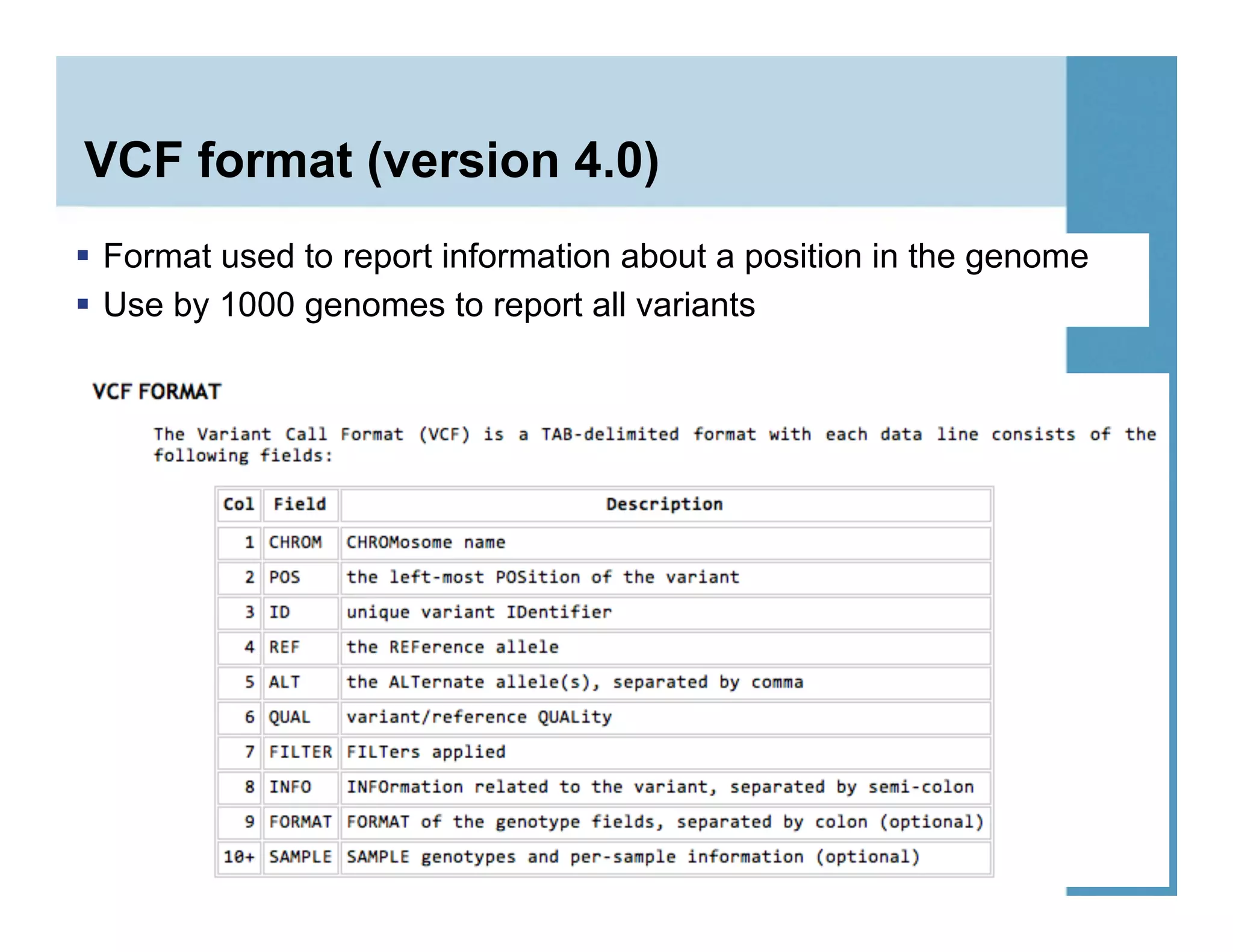 VCF format (version 4.0)
  Format used to report information about a position in the genome
  Use by 1000 genomes to report all variants
26
 