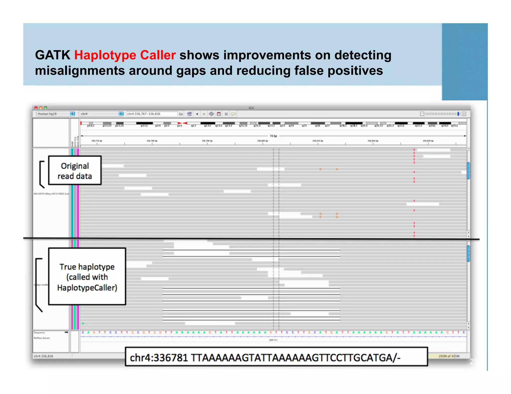 GATK Haplotype Caller shows improvements on detecting
misalignments around gaps and reducing false positives
29
 