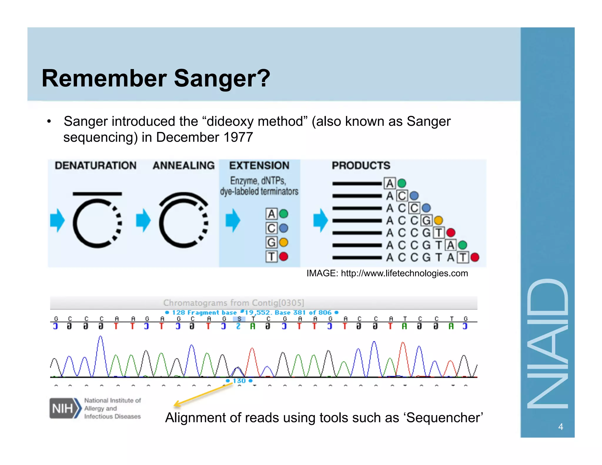 Remember Sanger?
•  Sanger introduced the “dideoxy method” (also known as Sanger
sequencing) in December 1977
Alignment of reads using tools such as ‘Sequencher’
IMAGE: http://www.lifetechnologies.com
4
 