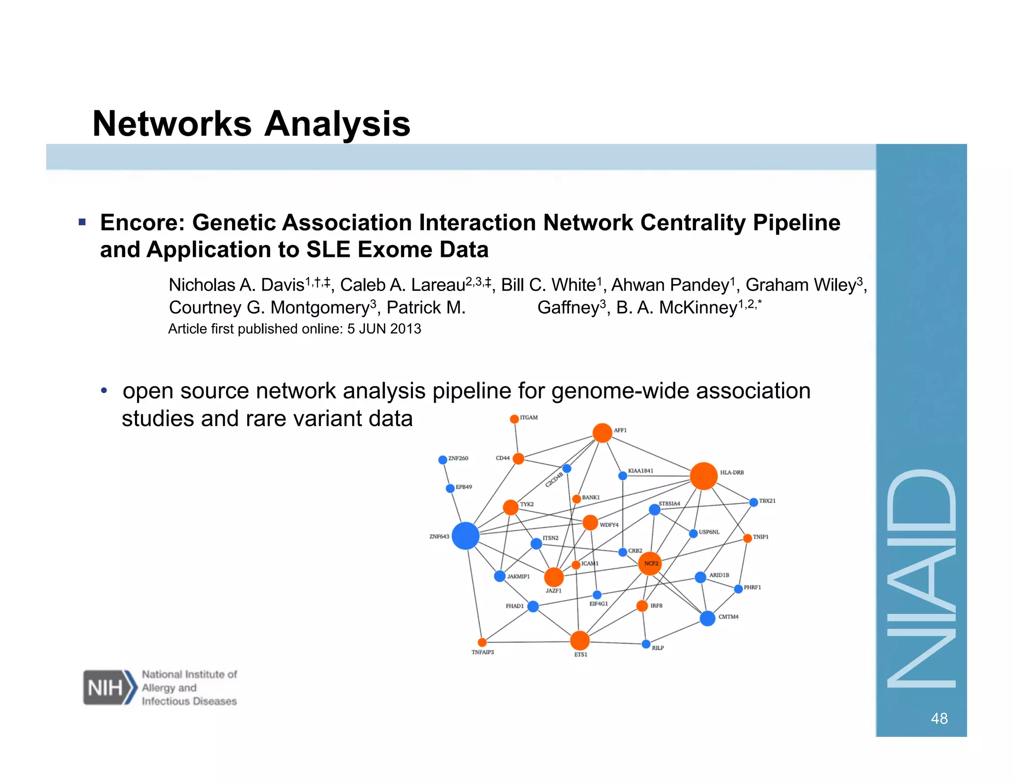 Networks Analysis
  Encore: Genetic Association Interaction Network Centrality Pipeline
and Application to SLE Exome Data
Nicholas A. Davis1,†,‡, Caleb A. Lareau2,3,‡, Bill C. White1, Ahwan Pandey1, Graham Wiley3,
Courtney G. Montgomery3, Patrick M. Gaffney3, B. A. McKinney1,2,*
Article first published online: 5 JUN 2013
•  open source network analysis pipeline for genome-wide association
studies and rare variant data
48
 