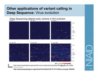 Other applications of variant calling in
Deep Sequence: Virus evolution
Deep Sequencing detects early variants in HIV evolution
http://www.broadinstitute.org/scientific-community/science/projects/viral-genomics/v-phaser
http://www.plospathogens.org/article/info%3Adoi%2F10.1371%2Fjournal.ppat.1002529 50
 