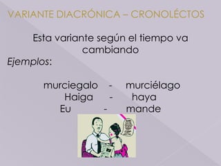 VARIANTE DIACRÓNICA – CRONOLÉCTOSEsta variante según el tiempo va cambiandoEjemplos: murciegalo    -     murciélagoHaiga      -       hayaEu            -       mande