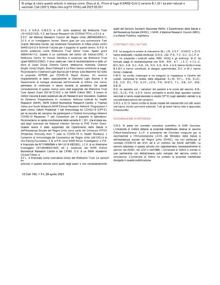 Si prega di citare questo articolo in stampa come: Zhou et al., Prove di fuga di SARS-CoV-2 variante B.1.351 da sieri naturali e
vaccinati, Cell (2021), https://doi.org/10.1016/j.cell.2021.02.037
D.I.S. e G.R.S. H.M.E.D. e J.R. sono sostenuti dal Wellcome Trust
(101122/Z/13/Z), Y.Z. dal Cancer Research UK (C375/A17721), e D.I.S. e
E.E.F. dal Medical Research Council del Regno Unito (MR/N00065X/1).
D.I.S. è un investigatore Jenner. Siamo grati per una sovvenzione Fast
Grants, Mercatus Center, per sostenere l'isolamento di mAbs umani contro
SARS-CoV-2 e Schmidt Futures per il supporto di questo lavoro. G.R.S. è
anche sostenuto come Wellcome Trust Senior Inves- tigator grant
095541/A/11/Z. Questo è un contributo del centro UK Instruct-ERIC. Il
Wellcome Centre for Human Genetics è sostenuto dal Wellcome Trust
(grant 090532/Z/09/Z). Il virus usato per i test di neutralizzazione è stato un
dono di Julian Druce, Doherty Centre, Melbourne, Australia. Chanice
Knight, Emily Chiplin, Ross Fothergill e Liz Penn hanno contribuito ai saggi.
Riconosciamo il Diamond Light Source per il tempo sulla Beamline I03 sotto
la proposta lb27009 per COVID-19 Rapid Access. Un enorme
ringraziamento ai team, specialmente al Diamond Light Source e al
Dipartimento di biologia strutturale dell'Università di Oxford, che hanno
permesso di continuare il lavoro durante la pandemia. Gli aspetti
computazionali di questa ricerca sono stati supportati dal Wellcome Trust
Core Award Grant 203141/Z/16/Z e dal NIHR Oxford BRC. Il lavoro di
Oxford Vaccine è stato sostenuto da UK Research and Innovation, Coalition
for Epidemic Preparedness In- novations, National Institute for Health
Research (NIHR), NIHR Oxford Biomedical Research Centre, e Thames
Valley and South Midland's NIHR Clinical Research Network. Ringraziamo il
team clinico Oxford Protective T-cell Immunology for COVID-19 (OPTIC)
per la raccolta dei campioni dei partecipanti e l'Oxford Immunology Network
COVID-19 Response T cell Consortium per il supporto di laboratorio.
Riconosciamo la rapida condivisione della variante B.1.351, che è stata iso-
lata dagli scienziati del National Infection Service di PHE Porton Down.
Questo lavoro è stato supportato dal Dipartimento della Salute e
dell'Assistenza Sociale del Regno Unito come parte del Consorzio PITCH
(Protective Immunity from T cells to COVID-19 in Health Workers), il
Consorzio di Immunologia dei Coronavirus del Regno Unito (UK-CIC) e la
Huo Family Foundation. E.B. e P.K. sono NIHR Senior Investigators, e P.K.
è finanziato da WT109965MA e NIH (U19 I082360). J.C.K. è un Wellcome
Investigator (WT204969/Z/16/Z) ed è sostenuto dal NIHR Oxford
Biomedical Research Centre e dal CIFMS. D.S. è un NIHR Academic
Clinical Fellow, e
S.F.L. è finanziato come ricercatore clinico del Wellcome Trust. Le opinioni
ex-
premuto in questo articolo sono quelli degli autori e non necessariamente
quelli del Servizio Sanitario Nazionale (NHS), il Dipartimento della Salute e
dell'Assistenza Sociale (DHSC), il NIHR, il Medical Research Council (MRC),
o la Salute Pubblica, Inghilterra.
CONTRIBUTI DELL'AUTORE
D.Z. ha eseguito le analisi di interazione BLI. J.R., E.E.F., H.M.E.D. e D.I.S.
hanno analizzato i risultati strutturali. G.R.S., J.M., P.S., Y.Z., D.Z., G.C.P. e
C.L. ha preparato i costrutti spike, RBD, ACE2 e gli anticorpi. W.D. ha
formato saggi di neutralizzazione con B.W., R.N., A.T., J.S.-C. e C.L.-C.
B.H., N.C., K.B., S.C., N.B., I.S., H.H., K.G., N.G., e A.S. hanno fornito il virus
B.1.351 e hanno contribuito al disegno sperimentale. D.C. e W.J. hanno
fornito i materiali.
H.M.G. ha scritto mabscape e ha eseguito la mappatura e l'analisi dei
cluster, comprese le analisi delle sequenze. A.J.M., S.F.L., E.B., S.J.D.,
D.S., C.D., R.L., T.D., A.J.P., J.C.K., P.K., M.W.C., T.L., S.B., A.F., M.B.,
S.B.-R.
S.G. ha assistito con i campioni dei pazienti e le prove del vaccino. E.B.,
M.C., S.J.D., P.K., e D.S. hanno concepito lo studio degli operatori sanitari
vaccinati e hanno supervisionato lo studio OPTIC sugli operatori sanitari e la
raccolta/elaborazione dei campioni.
G.R.S. e D.I.S. hanno scritto la bozza iniziale del manoscritto con altri autori
che hanno fornito commenti editoriali. Tutti gli autori hanno letto e approvato
il manoscritto.
DICHIARAZIONE DI INTERESSI
G.R.S. fa parte del comitato consultivo scientifico di GSK Vaccines.
L'Università di Oxford detiene la proprietà intellettuale relativa al vaccino
Oxford-AstraZeneca. A.J.P. è presidente del Comitato congiunto per la
vaccinazione e l'immunizzazione (JCVI) del Ministero della Salute e
dell'assistenza sociale del Regno Unito (DHSC), ma non partecipa al
comitato COVID-19 del JCVI, ed è un membro del SAGE dell'OMS. Le
opinioni espresse in questo articolo non rappresentano necessariamente le
opinioni del DHSC, del JCVI o dell'OMS. L'Università di Oxford è entrata in
una partnership con AstraZeneca sullo sviluppo del vaccino contro il
coronavirus. L'Università di Oxford ha protetto la proprietà intellettuale
divulgata in questa pubblicazione.
12 Cell 189, 1-14, 29 aprile 2021
 