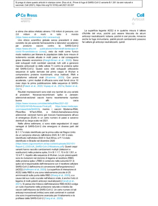 Si prega di citare questo articolo in stampa come: Zhou et al., Prove di fuga di SARS-CoV-2 variante B.1.351 da sieri naturali e
vaccinati, Cell (2021), https://doi.org/10.1016/j.cell.2021.02.037
ll
ACCESSO
APERTO
Articol
o
si stima che abbia infettato almeno 118 milioni di persone, con
2,6 milioni di morti in tutto il mondo
(https://www.worldometers.info/ coronavirus).
Uno sforzo scientifico globale senza precedenti è stato
condotto da più aziende farmaceutiche e laboratori accademici
per produrre vaccini contro la SARS-CoV-2
(https://www.who.int/ publications/m/item/draft-landscape-of-
covid-19-candidate-va ccines), visto da molti come l'unico
modo realistico per liberare le popolazioni dalle dure misure di
isolamento sociale attuate in molti paesi e dal conseguente
grave dissesto economico (Keogh-Brown et al., 2020). Sono
stati sviluppati molti candidati vaccinali, tutti volti a generare
risposte anticorpali (e delle cellule T) contro la proteina spike
del SARS-CoV-2. Questi sono stati sviluppati utilizzando
sequenze di spike derivate dal primo ceppo di Wuhan e
comprendono proteine ricombinanti, virus inattivati, RNA e
piattaforme vettoriali virali (Krammer, 2020). Con prove
accelerate, i primi risultati di efficacia sono stati forniti circa 10
mesi dopo la prima pubblicazione della sequenza di SARS-
CoV-2 (Polack et al., 2020; Voysey et al., 2021a; Baden et al.,
2021).
Risultati impressionanti sono stati ora riportati da una varietà
di produttori: Novavax-recombinant spike e Janssen-
adenoviral-vectored vaccini hanno recentemente riportato
buona effi- cacia
(https://www.novavax.com/sites/default/files/2021-02/
20210202-NYAS-Novavax-Final.pdf; https://www.medscape.
com/viewarticle/944933), mentre i vaccini Moderna-RNA,
Pfizer/Bio- NTech-RNA, e Oxford-AstraZeneca-chimp
adenoviral- vectored hanno già ricevuto l'autorizzazione all'uso
di emergenza (EUA) in un certo numero di paesi e saranno
distribuiti su larga scala nel 2021.
Nelle ultime settimane, ci sono state segnalazioni di ceppi
variegati di SARS-CoV-2 che emergono in diverse parti del
mondo.
B.1.1.7 è stato identificato per la prima volta nel Regno Unito
da un campione ottenuto nell'ottobre 2020, B.1.351 è stato
identificato nell'ottobre 2020 in Sud Africa, e P.1 è stato
identificato in Brasile nel dicembre 2020
(https://www.cogconsortium.uk/wp-content/uploads/2021/01/
Report-2_COG-UK_SARS-CoV-2-Mutations.pdf). Questi ceppi
varianti hanno raccolto cambiamenti multipli (delezioni e
sostituzioni) nella proteina spike, 9 in B.1.1.7, 10 in B.1.351, e
12 in P.1, rispetto alla sequenza di Wuhan. Le più preoccupanti
sono le mutazioni nel dominio di legame al recettore (RBD)
della proteina spike. L'RBD è contenuto nella subunità S1 di
spike ed è responsabile dell'interazione con il recettore cellulare
SARS-CoV-2 dell'enzima di conversione dell'angiotensina-2
(ACE2) (Hoffmann et al., 2020). La superficie di interazione di
ACE2 della RBD è una zona relativamente piccola di 25
amminoacidi sulla punta della RBD (Shang et al., 2020), e a
causa del suo ruolo cruciale nell'attacco virale, è anche il sito di
legame di molti potenti anticorpi neutralizzanti (Cerutti et al.,
2021). Si pensa che il blocco dell'interazione RBD-ACE2 svolga
un ruolo importante nella protezione naturale e indotta dai
vaccini dall'infezione da SARS-CoV-2. Un certo numero di tali
anticorpi monoclonali (mAbs) sono stati combinati in cocktail
che sono in sperimentazione avanzata per il trattamento e la
profilassi della SARS-CoV-2 (Yang et al., 2020).
La superficie legante ACE2 è in qualche misura il tallone
d'Achille del virus, poiché può essere bloccata da alcuni
anticorpi neutralizzanti; tuttavia, poiché è così piccola, minaccia
anche la fuga immunitaria, poiché piccoli cambiamenti possono
far saltare gli anticorpi neutralizzanti, quindi
 