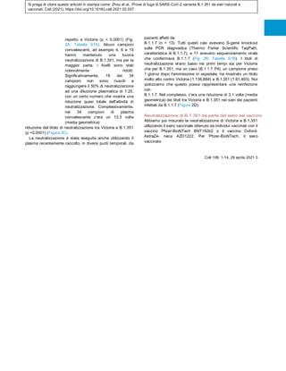 Si prega di citare questo articolo in stampa come: Zhou et al., Prove di fuga di SARS-CoV-2 variante B.1.351 da sieri naturali e
vaccinati, Cell (2021), https://doi.org/10.1016/j.cell.2021.02.037
rispetto a Victoria (p < 0,0001) (Fig.
2A; Tabella S1A). Alcuni campioni
convalescenti, ad esempio 4, 6 e 15
hanno mantenuto una buona
neutralizzazione di B.1.351, ma per la
maggior parte, i livelli sono stati
notevolmente ridotti.
Significativamente, 18 dei 34
campioni non sono riusciti a
raggiungere il 50% di neutralizzazione
ad una diluizione plasmatica di 1:20,
con un certo numero che mostra una
riduzione quasi totale dell'attività di
neutralizzazione. Complessivamente,
nei 34 campioni di plasma
convalescente c'era un 13,3 volte
(media geometrica)
riduzione del titolo di neutralizzazione tra Victoria e B.1.351
(p <0,0001) (Figura 2C).
La neutralizzazione è stata eseguita anche utilizzando il
plasma recentemente raccolto, in diversi punti temporali, da
pazienti affetti da
B.1.1.7 (n = 13). Tutti questi casi avevano S-gene knockout
sulla PCR diagnostica (Thermo Fisher Scientific TaqPath,
caratteristica di B.1.1.7), e 11 avevano sequenziamento virale
che confermava B.1.1.7 (Fig. 2B; Tabella S1B). I titoli di
neutralizzazione erano bassi nei primi tempi sia per Victoria
che per B.1.351, ma un caso (B.1.1.7 P4), un campione preso
1 giorno dopo l'ammissione in ospedale, ha mostrato un titolo
molto alto contro Victoria (1:136,884) e B.1.351 (1:81,493). Noi
ipotizziamo che questo possa rappresentare una reinfezione
con
B.1.1.7. Nel complesso, c'era una riduzione di 3,1 volte (media
geometrica) dei titoli tra Victoria e B.1.351 nei sieri dei pazienti
infettati da B.1.1.7 (Figura 2D).
Neutralizzazione di B.1.351 da parte del siero del vaccino
Abbiamo poi misurato la neutralizzazione di Victoria e B.1.351
utilizzando il siero vaccinale ottenuto da individui vaccinati con il
vaccino Pfizer-BioNTech BNT162b2 o il vaccino Oxford-
AstraZe- neca AZD1222. Per Pfizer-BioNTech, il siero
vaccinato
Cell 189, 1-14, 29 aprile 2021 3
 