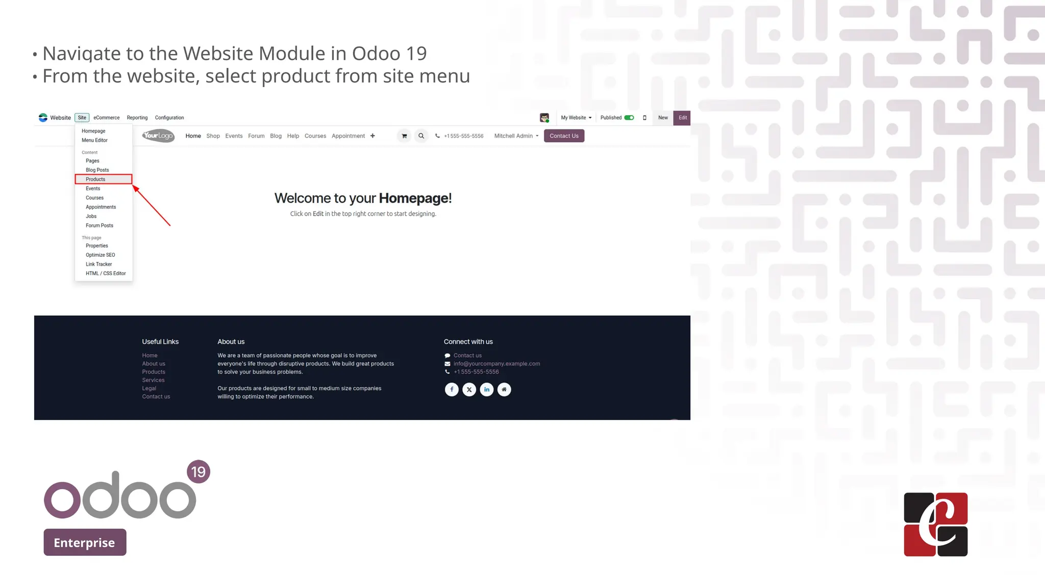 Enterprise
• Navigate to the Website Module in Odoo 19
• From the website, select product from site menu