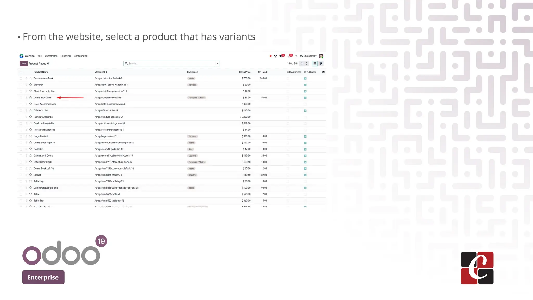 Enterprise
• From the website, select a product that has variants
